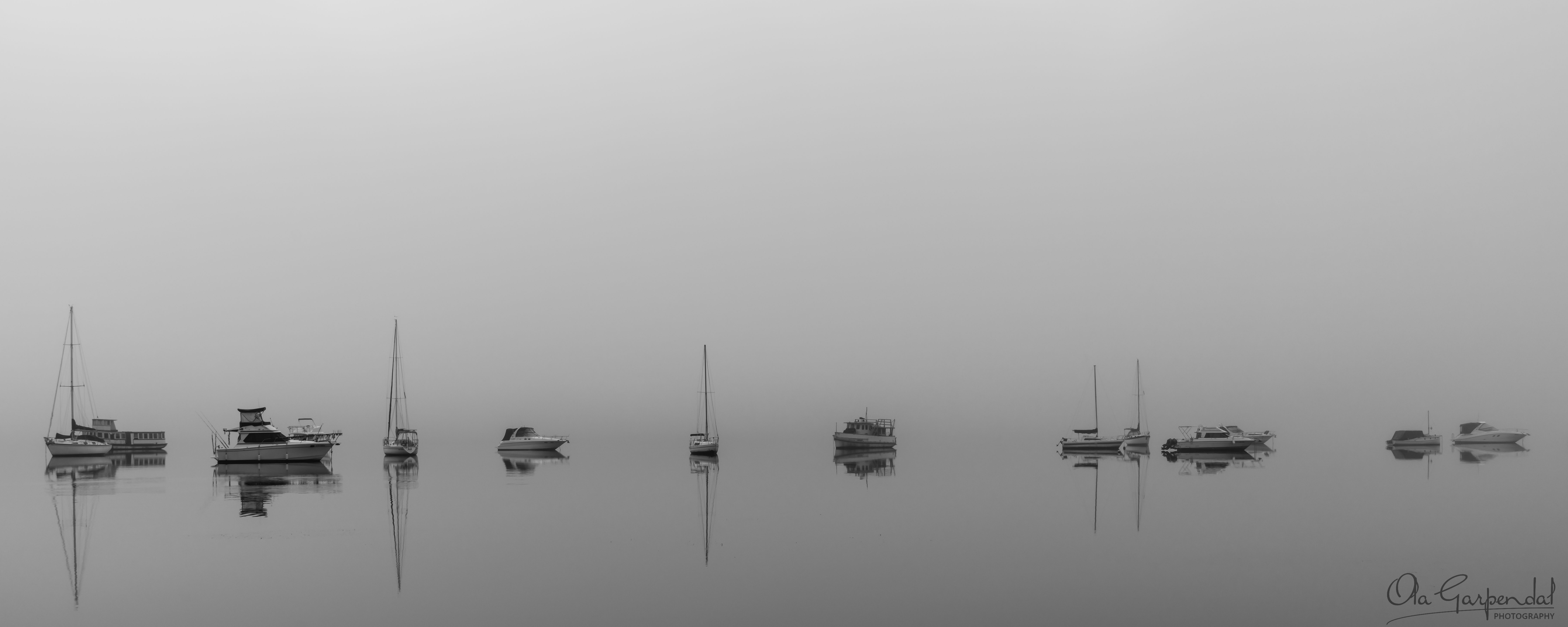 Brisbane Water Fog boats misty grey monochrome