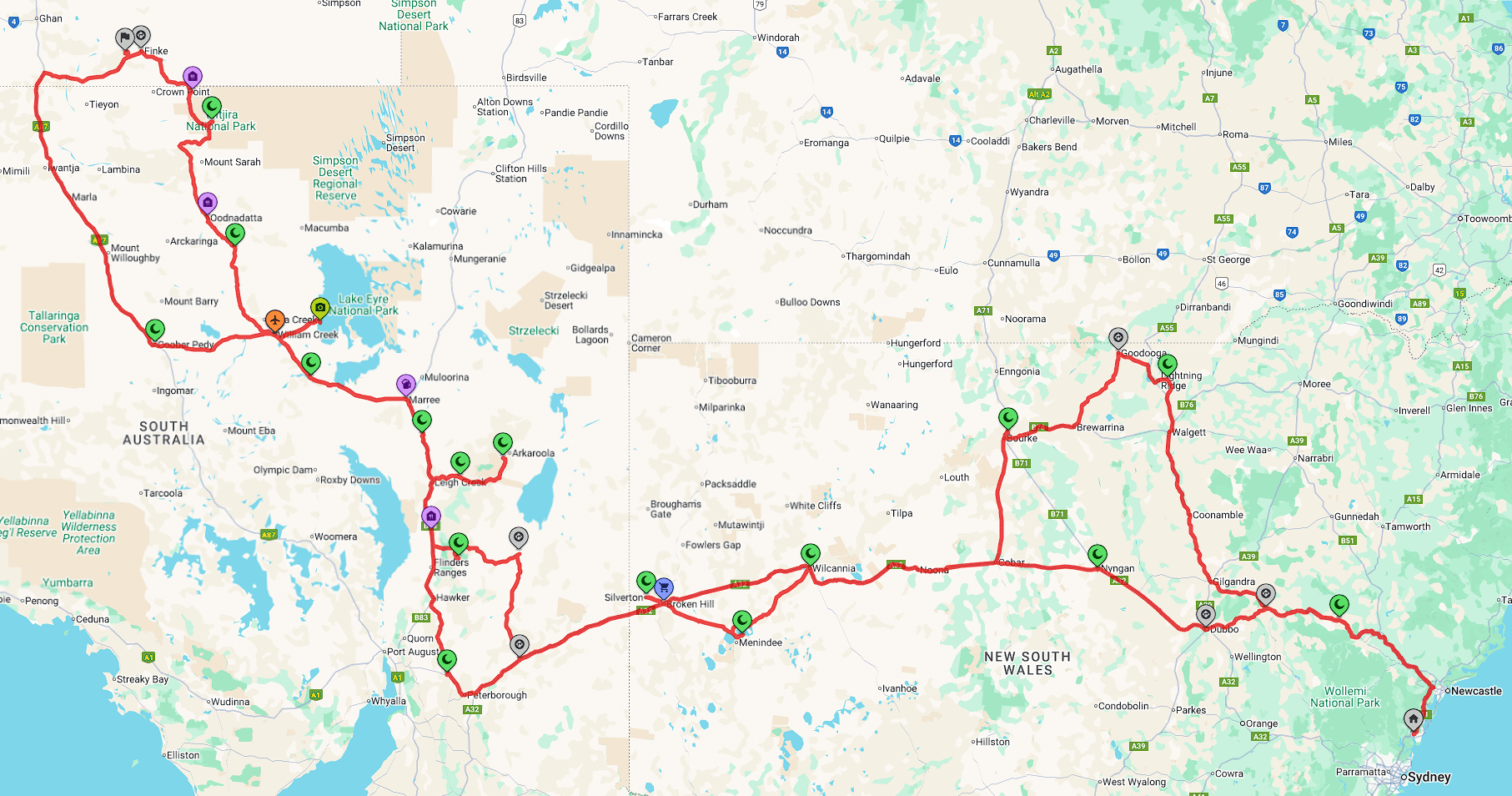 The journey travelled from the Central Coast to the Lambert Centre and back, displayed on a map